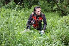 Qinghao Zhao indsamler rovbiller i et lille vådområde.