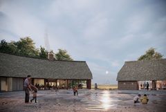 Arkitekttegning af nyt formidlingscenter med stråtækte bygninger og mennesker i en gårdsplads på Rømø.