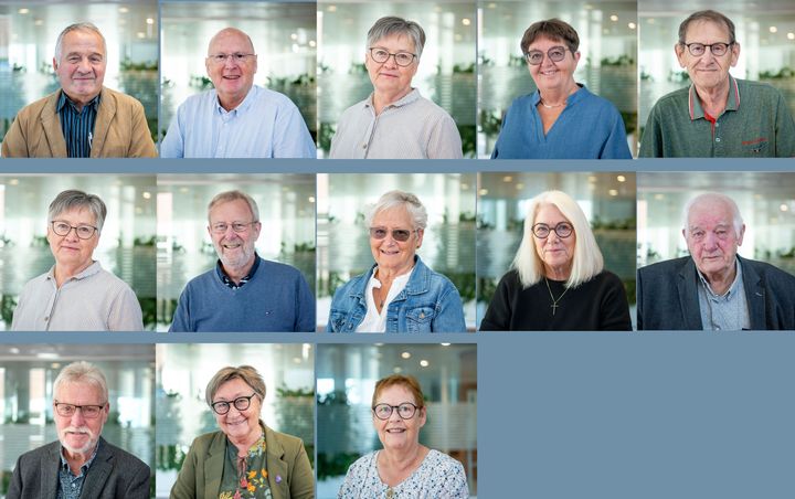 Gruppebillede af seniorrådsmedlemmer. Der ses 13 personer i alt, fordelt på to rækker.