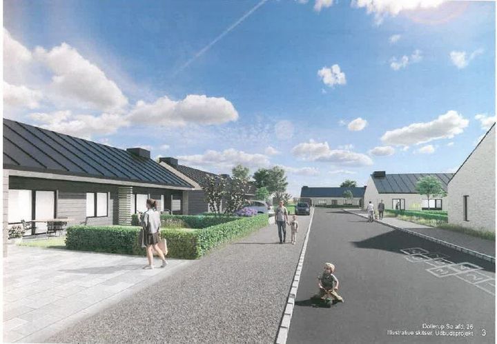 Boligselskabet Kolding opfører 36 almene boliger ved Dollerup Sø i Lunderskov. Illustrationen skitserer udbudsprojektet.