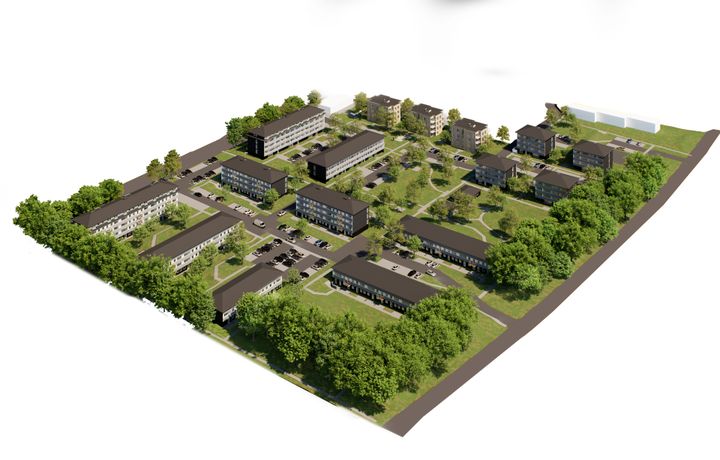 Visualisering af boligområdet Æblelunden i Kolding Nord. Området gennemgår en omfattende foranding frem mod 2029. Tirsdag den 20. oktober inviteres til informationsmøde om området. Visualisering: Arkitektfirmaet Frost Larsen A/S