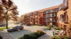 Byggeriet placeres centralt i Nørregade i Bramming. Visualisering af gårdmiljø: Sweco A/S