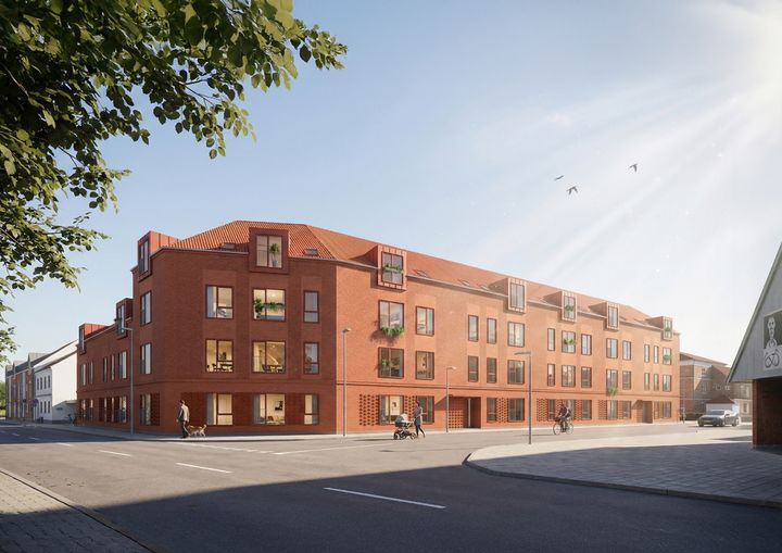 Kan du finde på det helt rigtige navn til det nye byggeri i Nørregade i Bramming? Visualisering: Sweco A/S