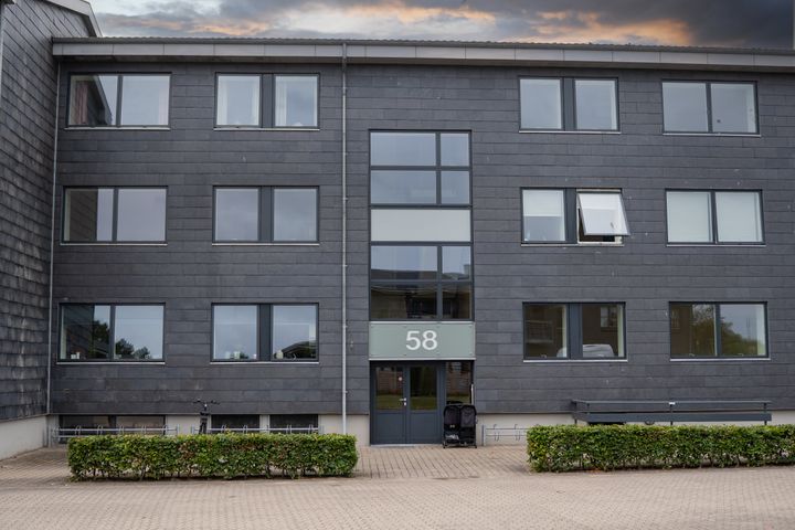 En nyrenoveret treetagers boligblok med mørkfarvede facadepaneler og nummer 58 ved hovedindgangen.
