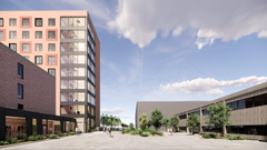 Arkitekttegning af den nye hotelfløj og ankomstområde.