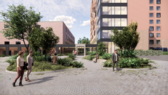 Arkitekttegning af den nye hotelfløj og ankomstområde.