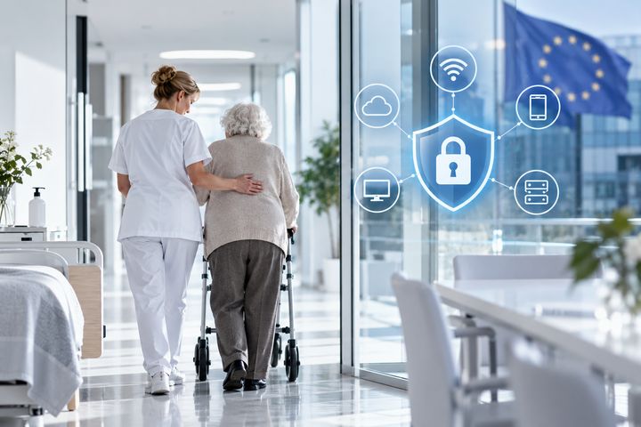 Arbejdsmiljø møder cybersikkerhed: Nye europæiske krav sætter fokus på sikkerheden i digitale hjælpemidler på plejehjem og i sundhedssektoren. Illustration og visualisering: GC Healthcare