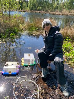 Postdoc Amy Smart collecting water samples and using floating chambers to measure VOCs from a re-wetted peatland in a Danish forest.