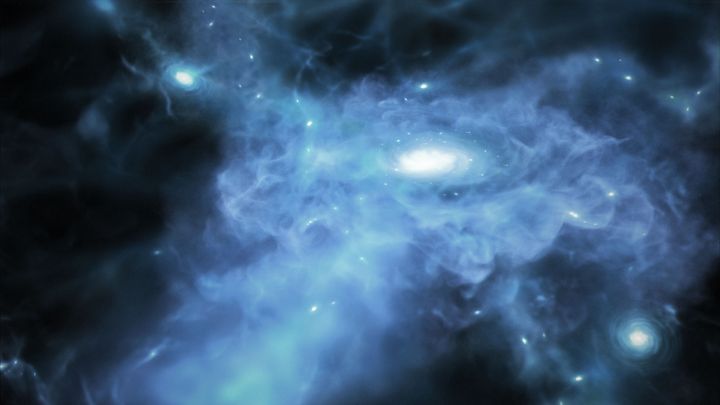 Gennem teleskopet kan forskerne se signaler fra store mængder af gas, som samler sig og strømmer ind mod tre mini-galakser, der er i gang med at blive opbygget for over 13 milliarder år siden. Illustration lavet af NASA.
