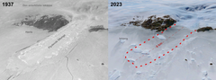 Honnörbrygga Gletsjer i Lützow-Holm Bay i 1937 sammenlignet med et moderne Landsat satellitbillede fra 2023. Den 9km lange flydende istunge, der ses i billedet fra 1937, forsvandt i slutningen af 1950erne og er ikke vokset ud igen, hvilket skyldes en svækkelsen af havisen.