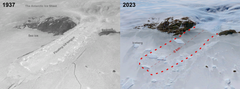 Honnörbrygga Glacier in Lützow-Holm Bay in 1937 compared to a modern Landsat satellite image from 2023. The 9km long floating ice tongue seen in the 1937 image disappeared in the late 1950s and has not grown back due to weakening sea ice. Credit: Mads Dømgaard / Norwegian Polar Institute