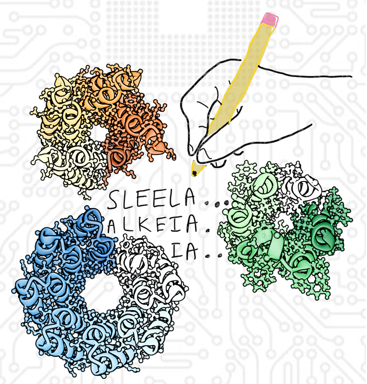 A hand writes code amongst folded proteins