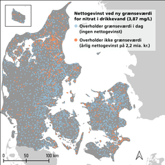 Opgørelse af nettogevinster ved ny grænseværdi baseret på om nitratmængden i dag er over eller under 3,87 mg/L. Kortet er baseret på gennemsnitlige nitratkoncentrationer i almene vandværker 2018-2021
