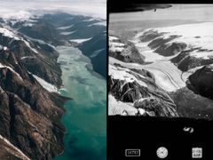 Til venstre ses Ujaraanaq-dalen i Vestgrønland i 2013. Fjorden er nu blottet for is og gletsjerne er smeltet op på land. Til højre ses samme Ujaraannaq-dal i 1936 fotograferet fra vandflyver i 1936, hvor fjorden er dækket af is. (Credit: Hans Henrik Tholstrup / Københavns Universitet og Styrelsen for Dataforsyning og Infrastruktur)