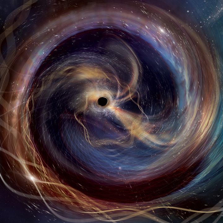illustration of black holes spinning towards eachother