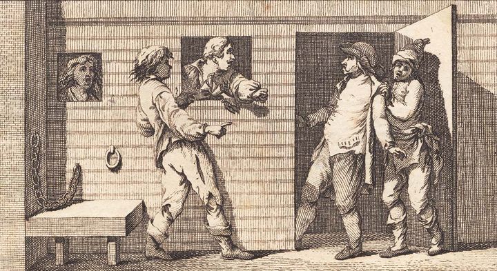 Peder Paars sættes i dårekisten. Kobberstik af J.F. Clemens 1770, Statens Museum for Kunst
