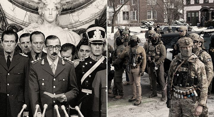 70'ernes argentinske militærdiktatur (tv.) og USA's aktuelle Immigration and Customs Enforcement - ICE (th.) har et hidtil ukendt mønster til fælles: Det er karrierehensyn, som motiverer almindelige mennesker til at blive håndlangere for de brutale regimer. Det er også karrieren, der får selvsamme officerer til at vælte diktatorer, viser ny forskning. Foto: Public Domain/Chad Davis, Wikimedia