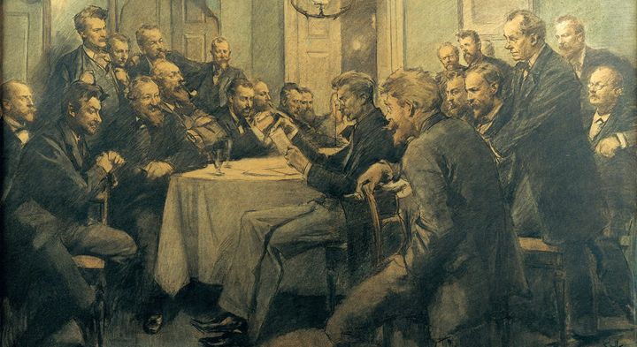 J.P. Jacobsen læser op af novellen Pesten i Bergamo under et møde i foreningen Bogstaveligheden 1. marts 1882. Mange af det moderne gennembruds koryfæer er med på billedet, bl.a. Georg og Edvard Brandes.