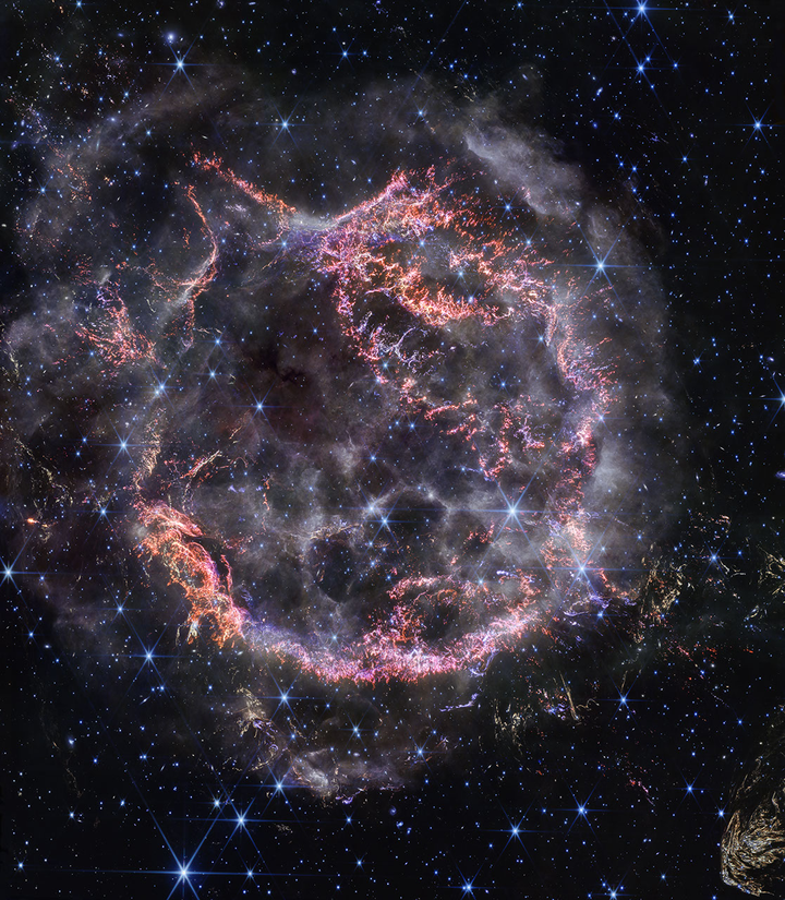 A new high-definition image from NASA’s James Webb Space Telescope’s NIRCam (Near-Infrared Camera) unveils intricate details of supernova remnant Cassiopeia A (Cas A), and shows the expanding shell of material slamming into the gas shed by the star before it exploded.