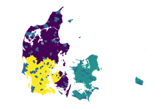 The map shows how the researchers divided Denmark into groups. Households in the yellow postcodes live within 150 kilometres of the nearest border shop and lost access to cross-border shopping when the border was closed during the COVID-19 lockdowns. These households are compared with households in the purple postcodes across the rest of Jutland and Funen. The purple households were affected by the same lockdowns but lived too far from the border for cross-border shopping to be financially worthwhile. Zealand, Lolland-Falster and Bornholm (shown in green) were excluded because residents can access cross-border shopping via bridges and ferries. The blue areas represent postcode districts with no households participating in the panel.