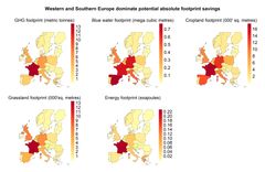 Illustration der viser at især Vest- og Sydeuropa dominerer billedet når vi ser på de absolutte fodaftryksbesparelser, som vil kunne opnås fra en halvering af tab og spild af fødevarer (”absolutte” i modsætning til ”per indbygger” besparelser i fodaftryk, som vises på figur 2. GHG footprint = drivhusgasser, Blue Water Footprint = vandforbrug, Cropland = landbrugsarealer, Grassland = græsningsarealer og Energy = energiforbrug.