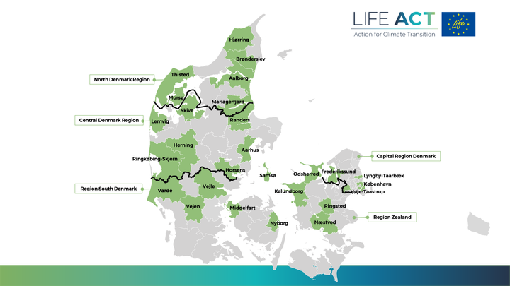 Fem regioner, 27 kommuner og en række andre partnere arbejder i projektet  LIFE ACT for at sætte fart på de kommunale klimaplaner. Illustration. LIFE ACT.