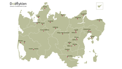 Kortet viser, hvor i Region Midtjylland de 27 kommende el-cykel-landsbyer ligger.