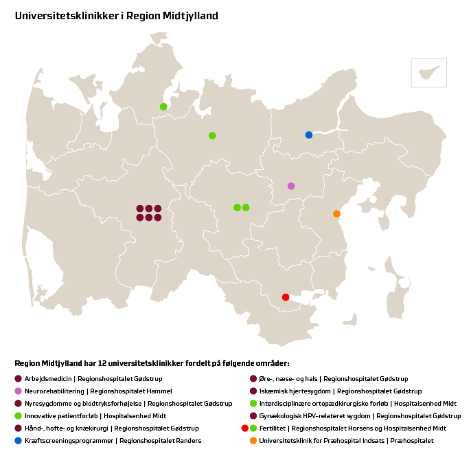 Her kan du se, hvor de enkelte universitetsklinikker ligger.