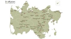 Kort over Region Midtjylland med markerede landsbyer, der deltog i elcykeldelingsprojektet.