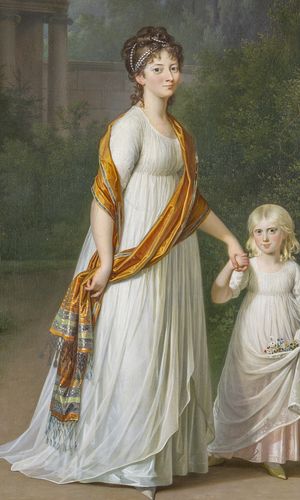 Jens Juels portræt viser den lille 7-årige prinsesse Caroline hånd i hånd med sin mor kronprinsesse Marie,1800
