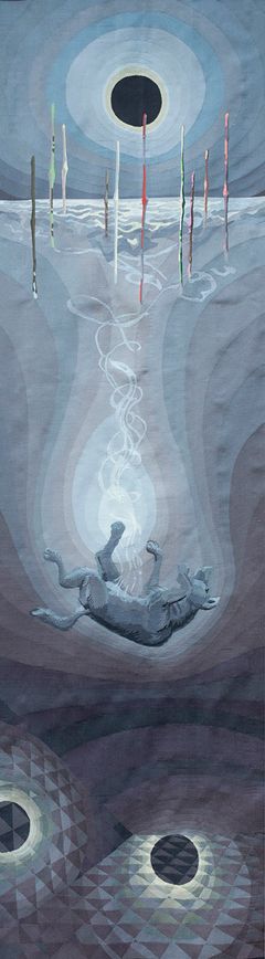 Kirstine Roepstorff. Vertical Time: Offering, 2020-25. Gobelin (mellemstykke), uld og silke, 3 x 1 m