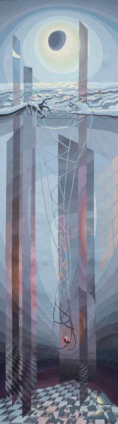 Kirstine Roepstorff. Vertical Time: Catching Release, 2020-25 . Gobelin (mellemstykke), uld og silke, 3 x 1 m