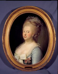 Portræt af Dronning Caroline Mathilde (tilskrevet Jens Juel).  På portrættet bærer Caroline Mathilde sin egen orden, Mathilde-ordenen, som blev indstiftet i januar 1771.