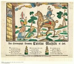 Caroline Mathilde til hest trykt på et kisteblad fra 1772.  På dette smædetryk ses Caroline Mathilde ridende overskrævs og klædt som en mand, hvilket vakte stor forargelse i samtiden.
