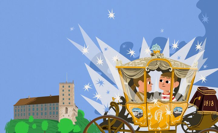 Illustration fra børnebogen Kongebørnene og den magiske karet: To børn kører i den magiske karet foran Koldinghus, der danner rammen om fortællingen om kongelig barndom set i børnehøjde. Den magiske karet er inspireret af den historiske kotillonvogn, som kan ses på Koldinghus og indgår i den permanente udstilling Kongebarn. Illustration: Rasmus Juul