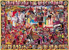 Bjørn Nørgaard Yngre Glyksborgere, 1999. Del af H.M. Dronning Margrethe 2.s gobeliner i Riddersalen på Christiansborg Slot. Gobelinen Yngre Glyksborgere skildrer Danmarks nyere historie gennem et mylder af figurer og begivenheder fra 1900-tallet. Motiver som Genforeningen i 1920, Besættelsen og efterkrigstidens forandringer optræder omgivet af portrætter af tidens markante politiske, kulturelle og intellektuelle skikkelser. Værket er én af i alt 17 gobeliner, der tilsammen fortæller 1000 års danmarkshistorie. Gobelinerne blev skænket til H.M. Dronning Margrethe 2. som gave i anledning af hendes 50-års fødselsdag i 1990 og senere givet som gave til folket. Gobelinerne hænger i dag i Riddersalen på Christiansborg Slot. Udlånt af Statsinventar, Christiansborg Slot, Den Kongelige Samling