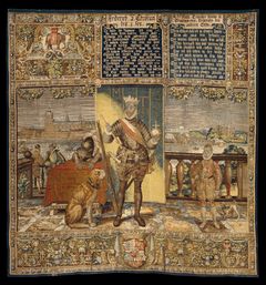 Hans Knieper Frederik 2. og Christian 4. som barn, 1581–1584. Del af Kronborgtapeterne. Denne billedvævning indgår i Kronborgtapeterne, bestilt af Frederik 2. til Kronborg Slot. Serien omfattede oprindeligt 43 vævninger og fremstillede en ubrudt række af danske konger frem til Frederik 2. Kronborgtapeterne fungerede som visuel iscenesættelse af kongemagten og dens legitimitet. Flankeret af den unge Christian 4. binder Frederik 2. i midten fortid, nutid og fremtid sammen. Udlånt af Nationalmuseet