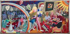 Grayson Perry, Expulsion from Number 8, Eden Close, 2012. Billedvævningen skildrer to tydeligt adskilte miljøer og værdifællesskaber. På den ene side fremhæves forbrug, statussymboler og nye designobjekter; på den anden side idealer om håndværk, økologi og autenticitet. Modsætningen danner rammen om en fortælling om den britiske middelklasse, som er et gennemgående tema i Grayson Perrys kunst. Værket indgår i en serie, der undersøger, hvordan hjem, genstande og hverdagsritualer afspejler sociale tilhørsforhold, værdier og identitet. Grayson Perry anvender billedvævning – et medie med historiske rødder i magt og repræsentation – til at behandle samtidige sociale og politiske problemstillinger. Udlånt af ARoS