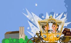 Illustration fra børnebogen Kongebørnene og den magiske karet: To børn kører i den magiske karet foran Koldinghus, der danner rammen om fortællingen om kongelig barndom set i børnehøjde. Den magiske karet er inspireret af den historiske kotillonvogn, som kan ses på Koldinghus og indgår i den permanente udstilling Kongebarn. Illustration: Rasmus Juul
