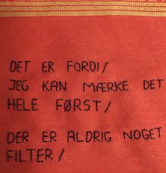 Følsomt Broderi er ikke bare et broderiprojekt, men også et poesiprojekt og et fællesskabsprojekt. Kris inviterer deltagerne ind i sit helt unikke og følsomme univers, og har haft succes på alt fra SMK Fridays til Askov Højskole.