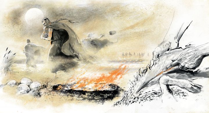 Nordjyske Museer har fundet spor af bronzealderens ritualer ved Hammer i Vodskov. Her illustreret ved mennesker, der flår et får, samt renser skind og forsøger at holde ild i deres kogegruber, mens sandflugten raser.