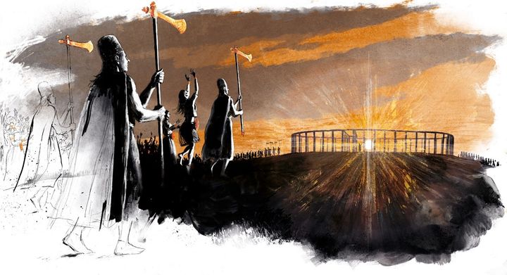 Blandt årets fund er den forhistoriske tømmercirkel Stenildgårdcirklen, der blev fundet forud for udstykning af et boligområde i Aars. Dette er en rekonstruktionstegning af, hvordan Stenildgårdcirklen kan have set ud i bronzealderen. Illustration af Sune Elskær.