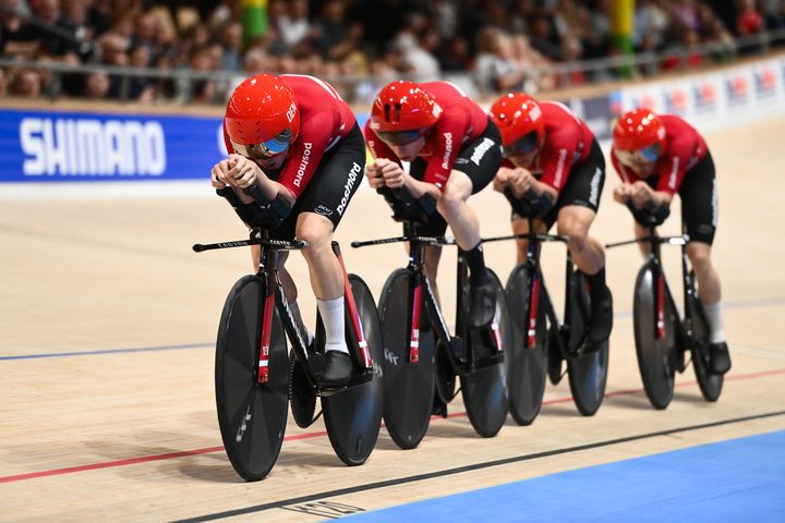 Det danske landshold. 4000m holdforfølgelsesløb v 2024 Tissot UCI Track World Championships