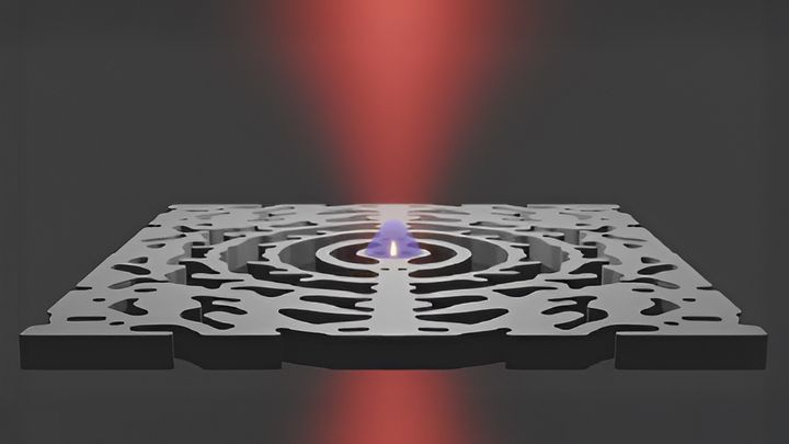 Grafik af en en nanolaser, der er konstrueret i en halvleder membran, som får elektroner og lys til at samle sig i et lille område (blå skygge), Ved at bruge lys i stedet for elektriske signaler på mikrochips vil datahastigheden kunne øges og energitabet mindskes.