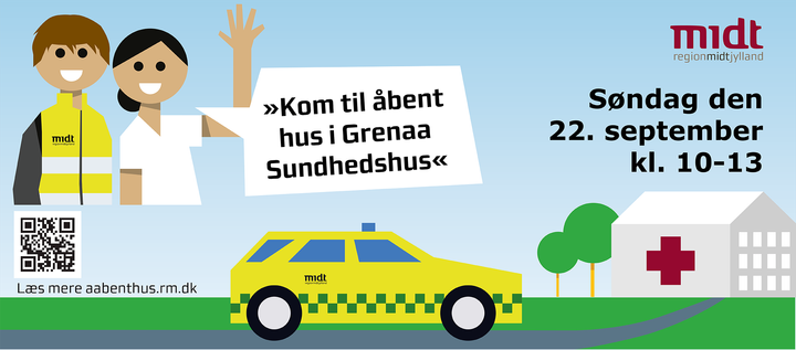 Billeder der inviterer til Åbent Hus i Grenaa Sundhedshus søndag den 22. september