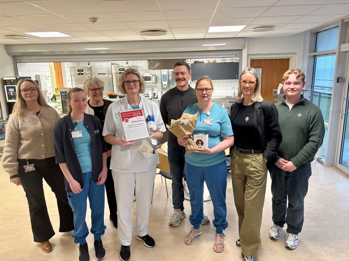 Fra venstre på billedet: Sygeplejefaglig direktør Mette Ringtved, Regionshospitalet Horsens, Oversygeplejerske Vibeke Duedahl, Medicinsk Afsnit 1, Chefsygeplejerske Hanne Gyldenløve, Medicinsk Afdeling, Oplæringsvejleder Heidi Guldhammer, Medicinsk Afsnit 1, Sygeplejerskestuderende Jonas Nielsen, Medicinsk Afsnit 1, Klinisk Vejleder Janni Monberg Hansen, Medicinsk Afsnit 1, Vibeke Bak, kredsnæstformand i Dansk Sygeplejeråd, Kreds Midtjylland, Magnus Omø Johansen, næstforperson, Sygeplejerskestuderendes Landssammenslutning.