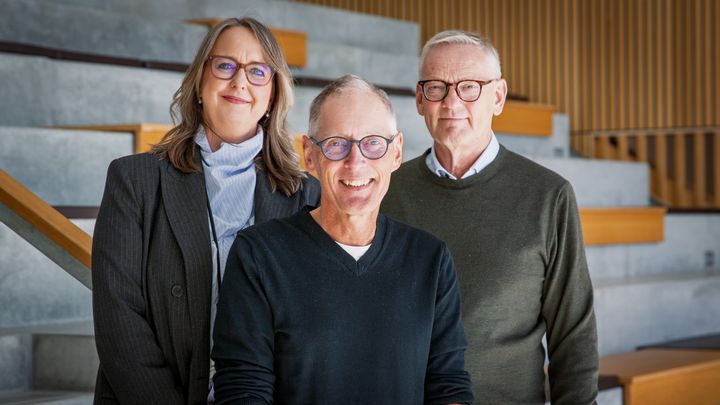 Torben Bæk Hansen (i midten) bliver kursusleder på Gødstrup-sporet i kandidatuddannelsen i medicin ved Aarhus Universitet. Her er han flankeret af uddannelseschef Vibeke Røn Noer og lægefaglig direktør, Jens Friis Bak.