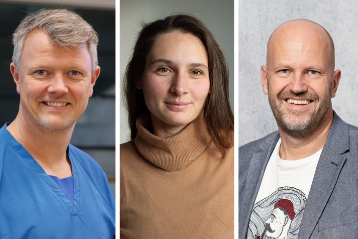 Mand i blå kittel, kvinde i brun trøje og mand i grå jakke og hvid t-shirt.