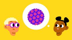 Tegnefilmen viser en samtale mellem en dreng og en pige, med forskellig etnisk baggrund, hvor de stiller hinanden spørgsmål om HPV og HPV-vaccination.