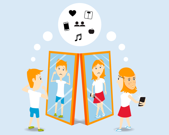 En dreng og en pige ser i hvert sit spejl, hvor begge spejlbilleder ser triste ud. Drengen flexer armene og har mindre arme i spejlet end i virkeligheden. Pigen står med en telefon og tager billeder af sig selv. Tankebobler viser forskelige ikoner som hjerter, vægt, mad, venner, musikog skal symbolisere, at de mange ting kan have en negativ påvirkning på børn og unge.